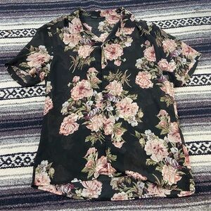 Mens SHEIN Sheer Chiffon Black Button Down Shirt Pink Floral Small S